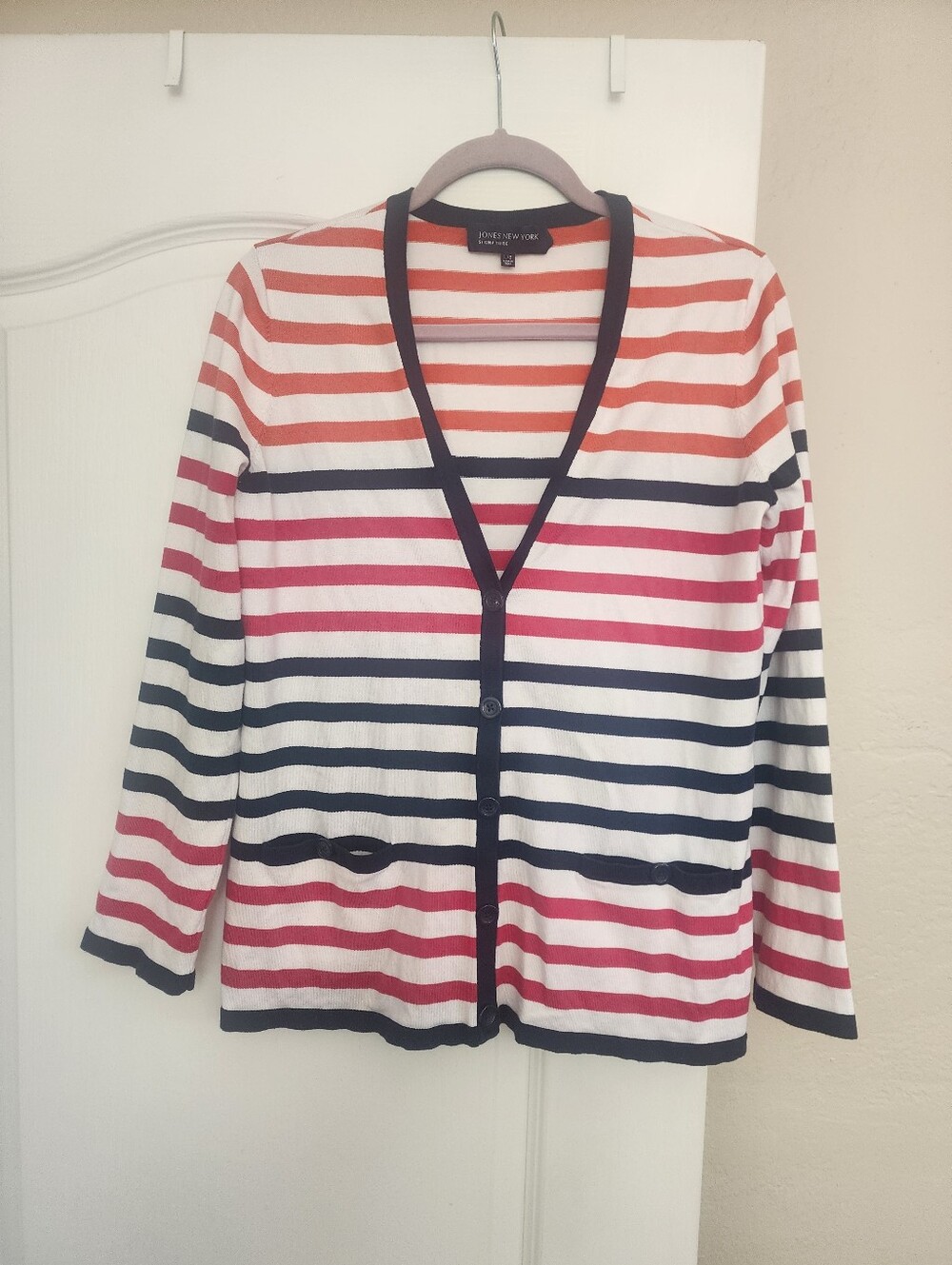 Jones New York Striped Button-Front Cardigan in White, Navy & Coral Size L